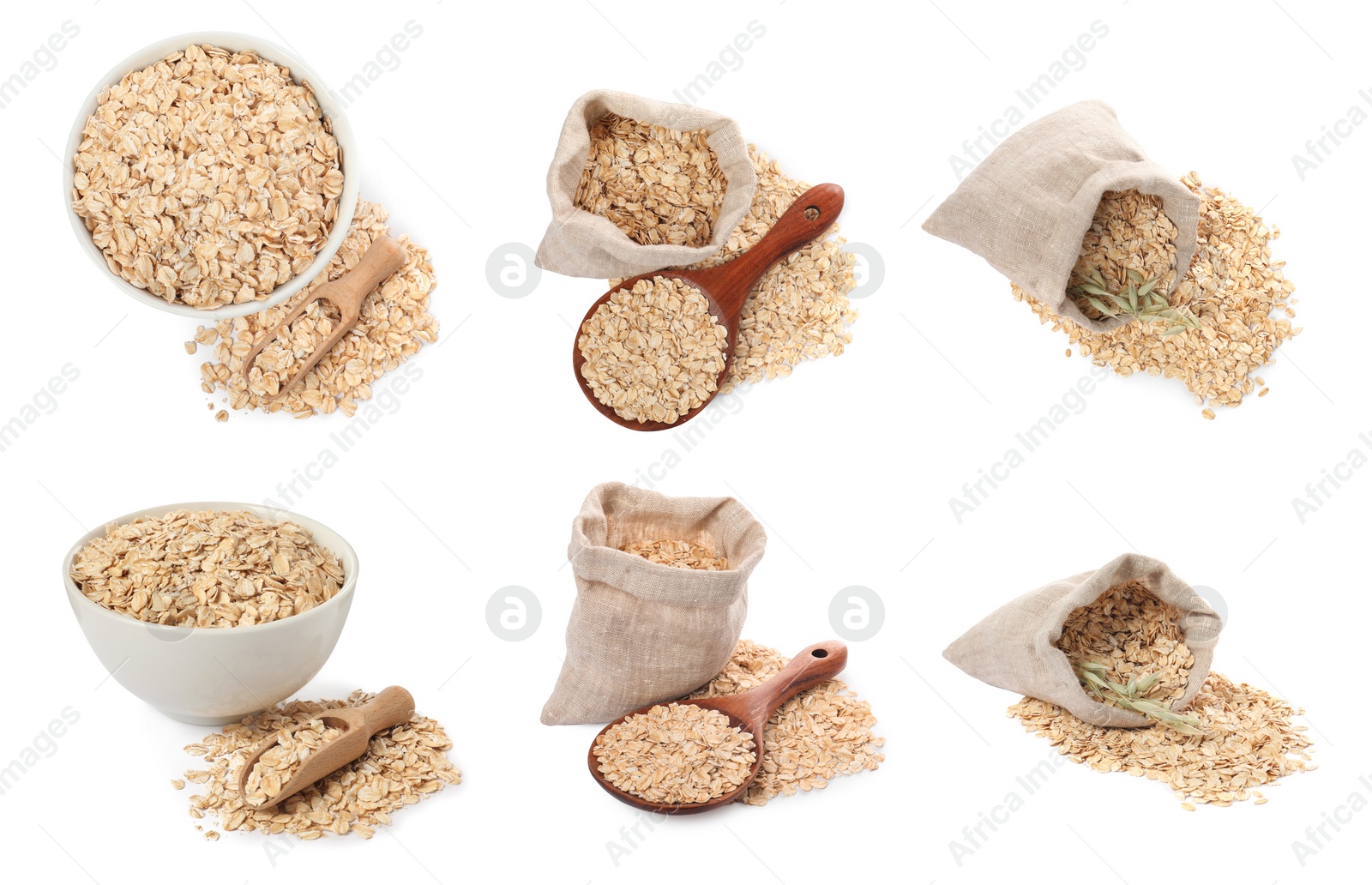 Image of Rolled oats in bowl and bags isolated on white, top and side views