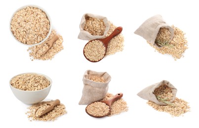 Image of Rolled oats in bowl and bags isolated on white, top and side views