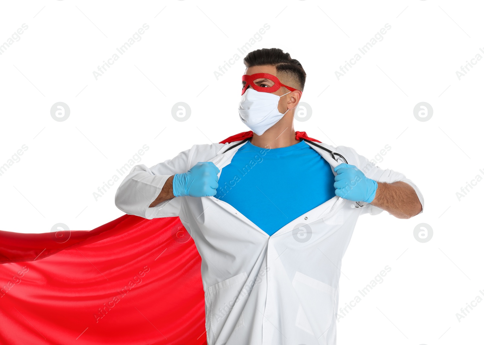 Photo of Doctor wearing face mask and cape on white background. Super hero power for medicine