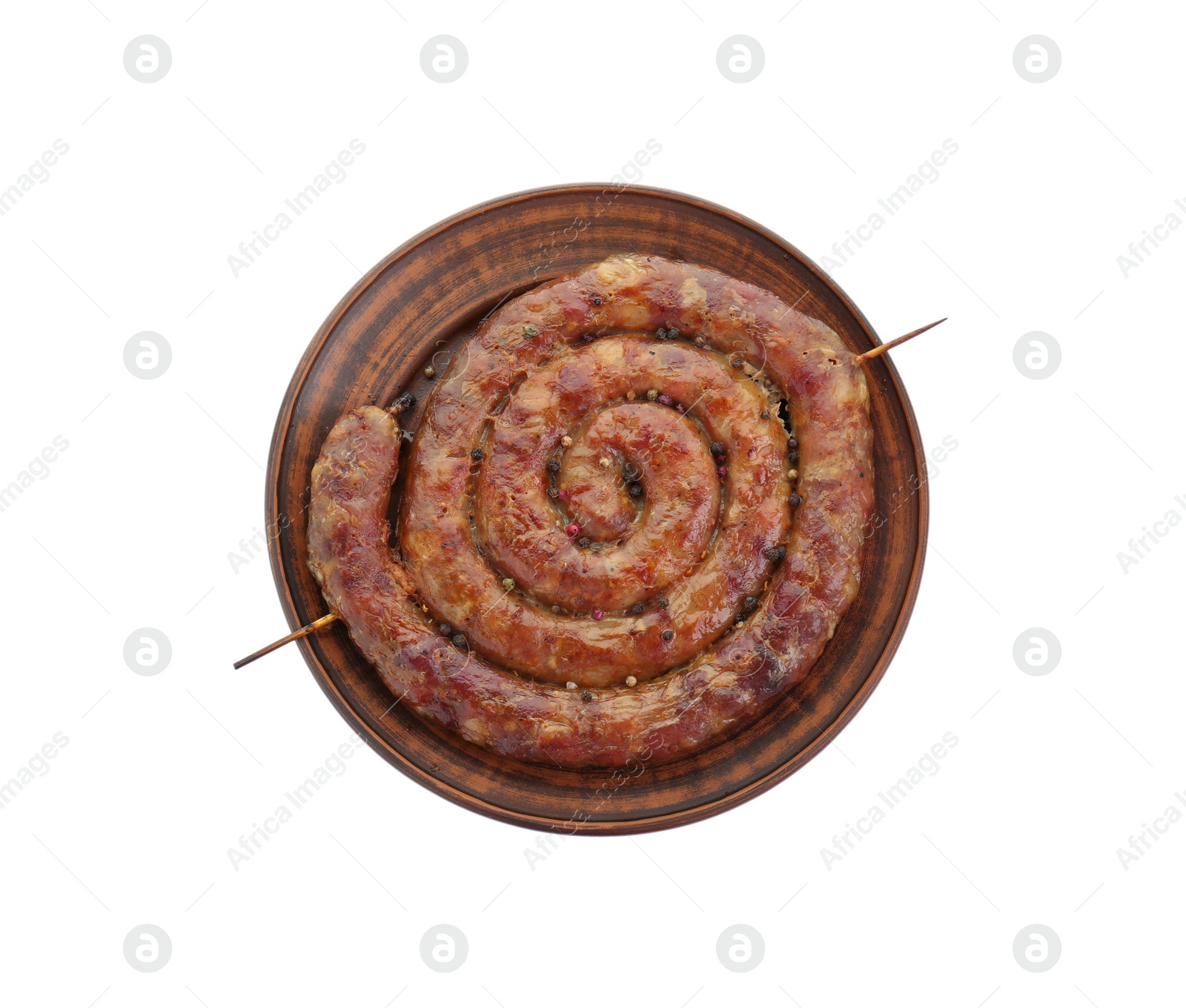 Photo of Tasty homemade sausages isolated on white, top view