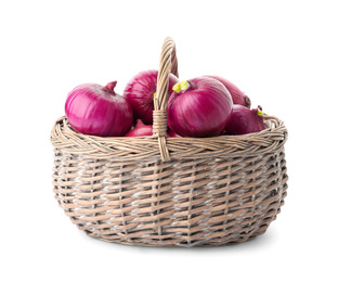 Photo of Basket full of onion bulbs isolated on white
