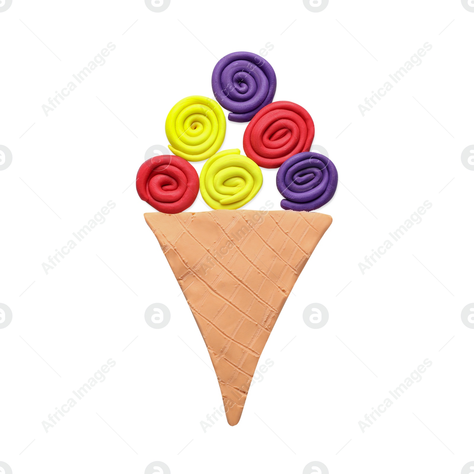 Photo of Ice cream cone made of plasticine isolated on white, top view