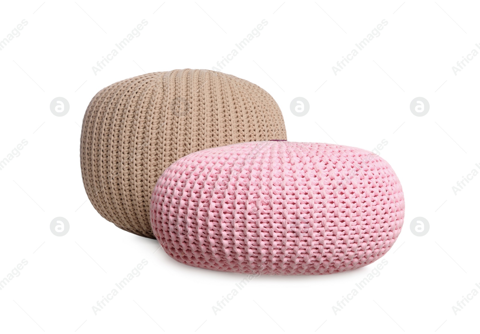 Photo of Different stylish poufs on white background. Home design