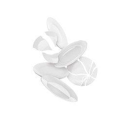 Image of Whole and broken plates falling on white background