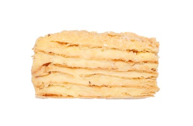 Photo of Piece of delicious Napoleon cake isolated on white, top view