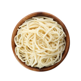 Wooden bowl with rice noodles isolated on white, top view
