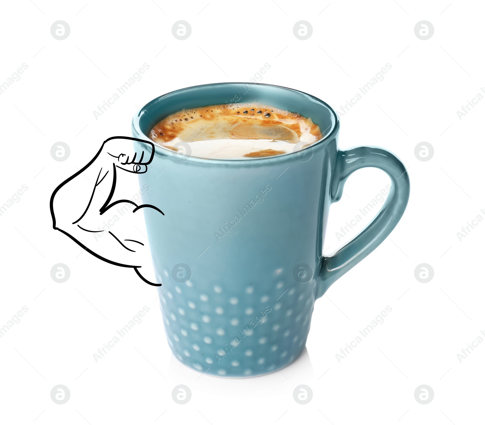 Image of Strong coffee. Cup with illustration of bodybuilder's arm on white background