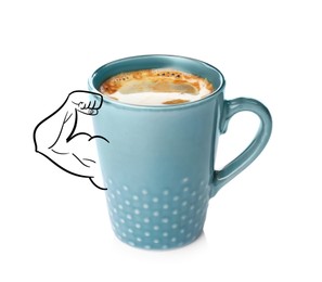 Image of Strong coffee. Cup with illustration of bodybuilder's arm on white background