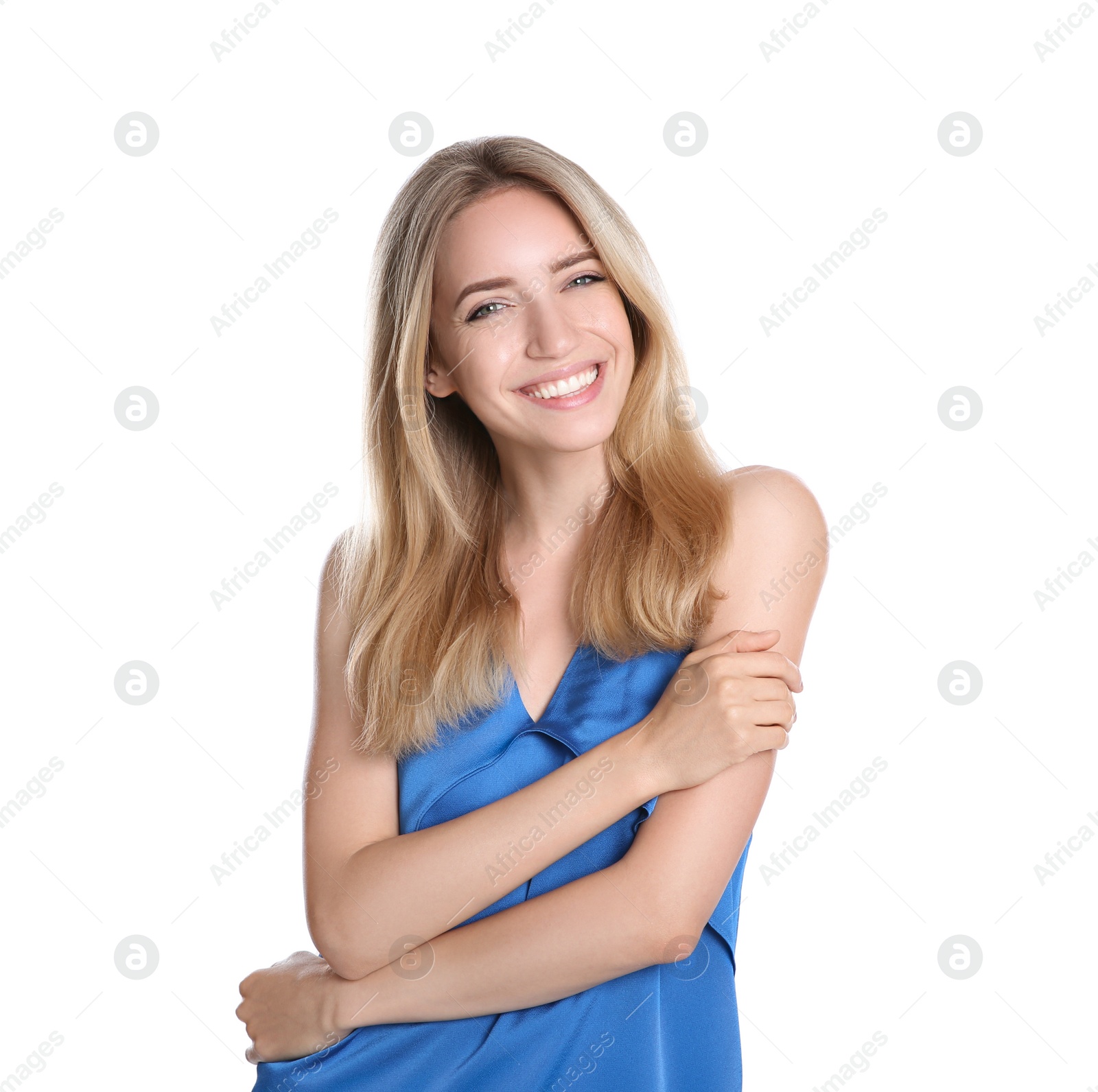 Photo of Portrait of beautiful young woman with blonde hair on white background