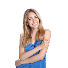 Portrait of beautiful young woman with blonde hair on white background