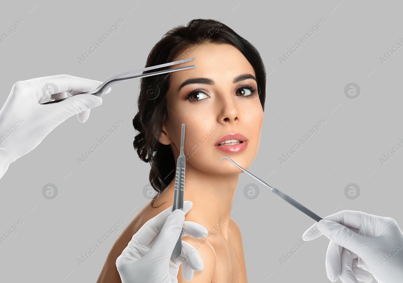 Image of Doctors with different instruments and young woman on grey background, collage. Concept of plastic surgery 