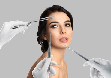 Image of Doctors with different instruments and young woman on grey background, collage. Concept of plastic surgery 