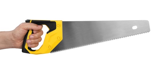 Photo of Man holding saw with yellow handle isolated on white, closeup