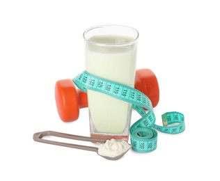 Tasty shake, measuring tape, dumbbell and powder isolated on white. Weight loss