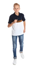 Photo of Full length portrait of teenage boy on white background