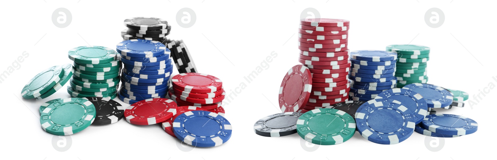 Set with stacks of different casino chips on white background, banner design. Poker game Image of Set with stacks of different casino chips on white background, banner design. Poker game