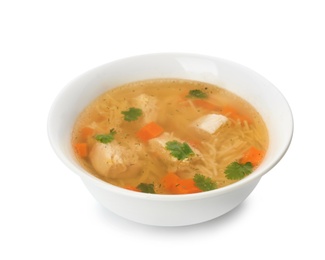 Photo of Dish with fresh homemade chicken soup on white background