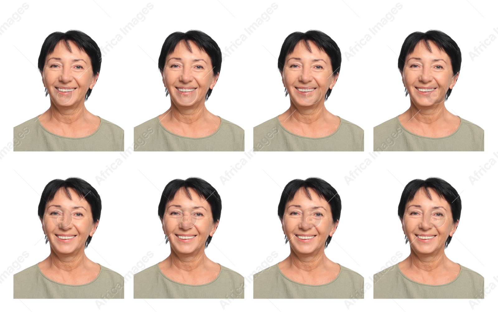 Image of Passport photo, collage. Woman on white background, set of photos