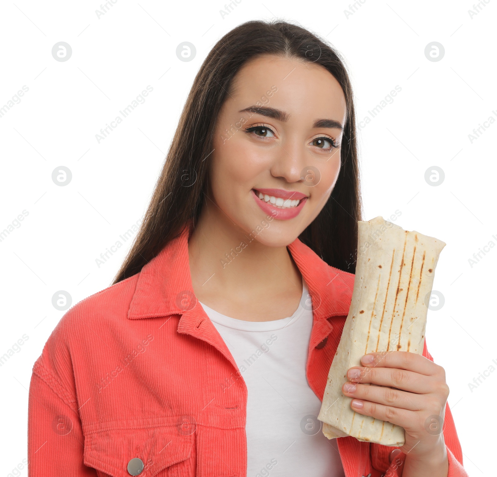 Photo of Happy young woman holding tasty shawarma isolated on white