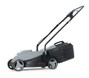 Photo of Modern lawn mower isolated on white. Garden tool