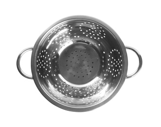 Photo of New shiny colander isolated on white, top view. Cooking utensil