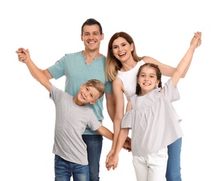 Photo of Happy family with children on white background
