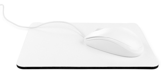Photo of Modern wired optical mouse and pad isolated on white