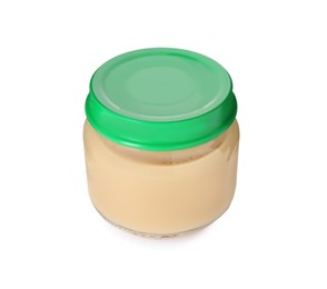Photo of Baby food. Tasty healthy puree in jar isolated on white