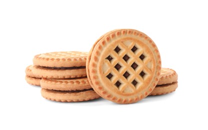Photo of Tasty sandwich cookies with cream isolated on white