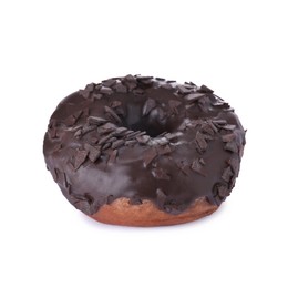 Photo of Tasty glazed donut decorated with dark chocolate sprinkles isolated on white