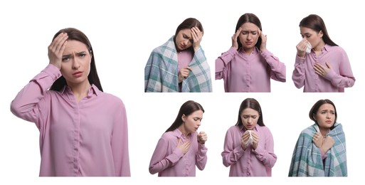 Collage with photos of woman with cold symptoms on white background. Banner design