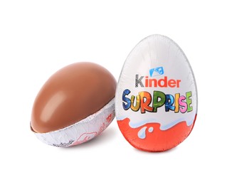 Slynchev Bryag, Bulgaria - May 23, 2023: Two Kinder Surprise Eggs on white background