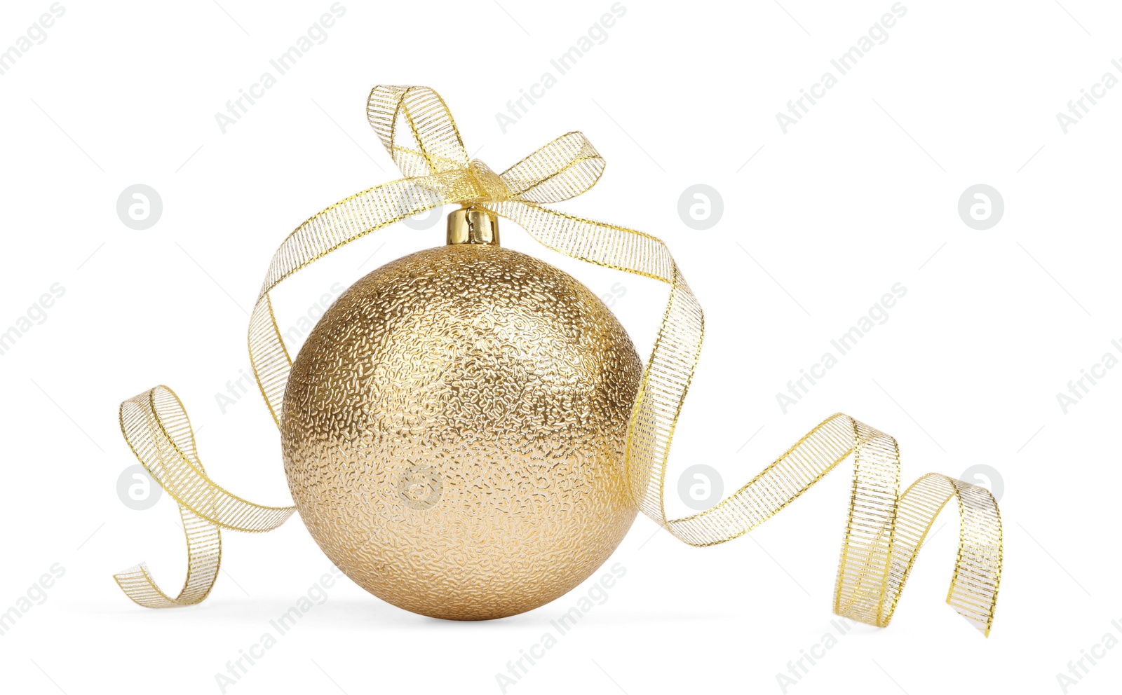 Photo of Beautiful golden Christmas ball with ribbon isolated on white