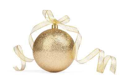 Photo of Beautiful golden Christmas ball with ribbon isolated on white