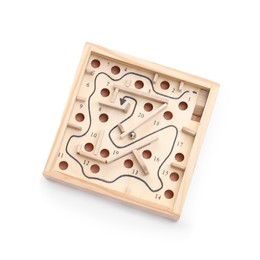 Photo of Wooden toy maze with metal ball isolated on white, top view