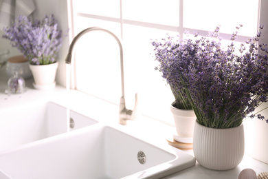 Photo of Beautiful lavender flowers on countertop near sink in kitchen