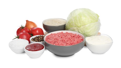 Photo of Set of ingredients for stuffed cabbage rolls on white background