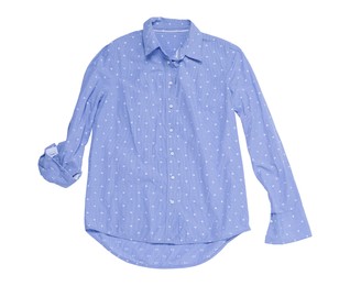 Crumpled light blue polka dot blouse on white background, top view