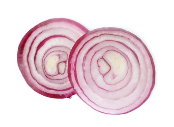 Photo of Slices of onion for burger isolated on white, top view