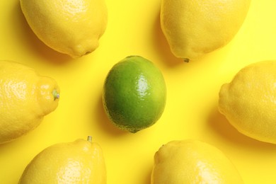 Photo of Lime among lemons on yellow background, flat lay