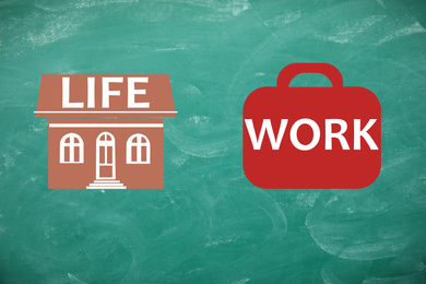 Image of Work-life balance concept. Images of house and bag on chalkboard