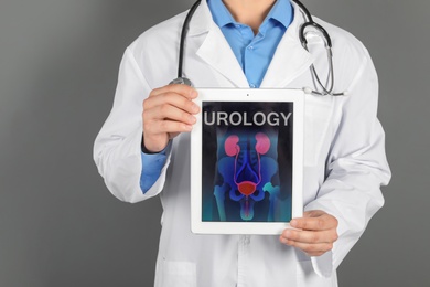 Photo of Male doctor holding tablet with urinary system on screen against grey background