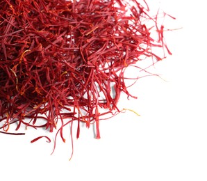 Photo of Dried saffron on white background, top view