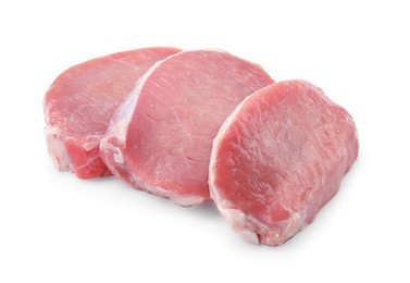 Photo of Pieces of raw pork meat isolated on white