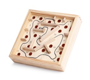 Photo of Wooden toy maze with metal ball isolated on white