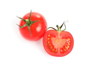 Photo of Fresh organic cherry tomatoes isolated on white