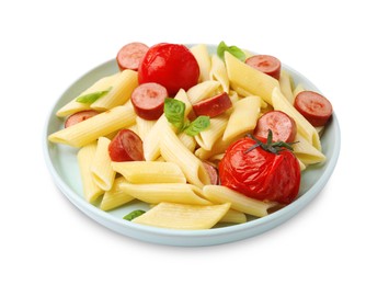 Photo of Tasty pasta with smoked sausage, tomatoes and basil isolated on white