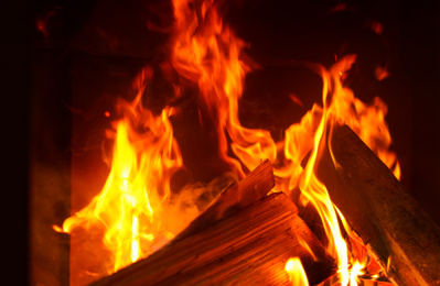 Photo of Fireplace with burning wood, closeup view. Winter vacation