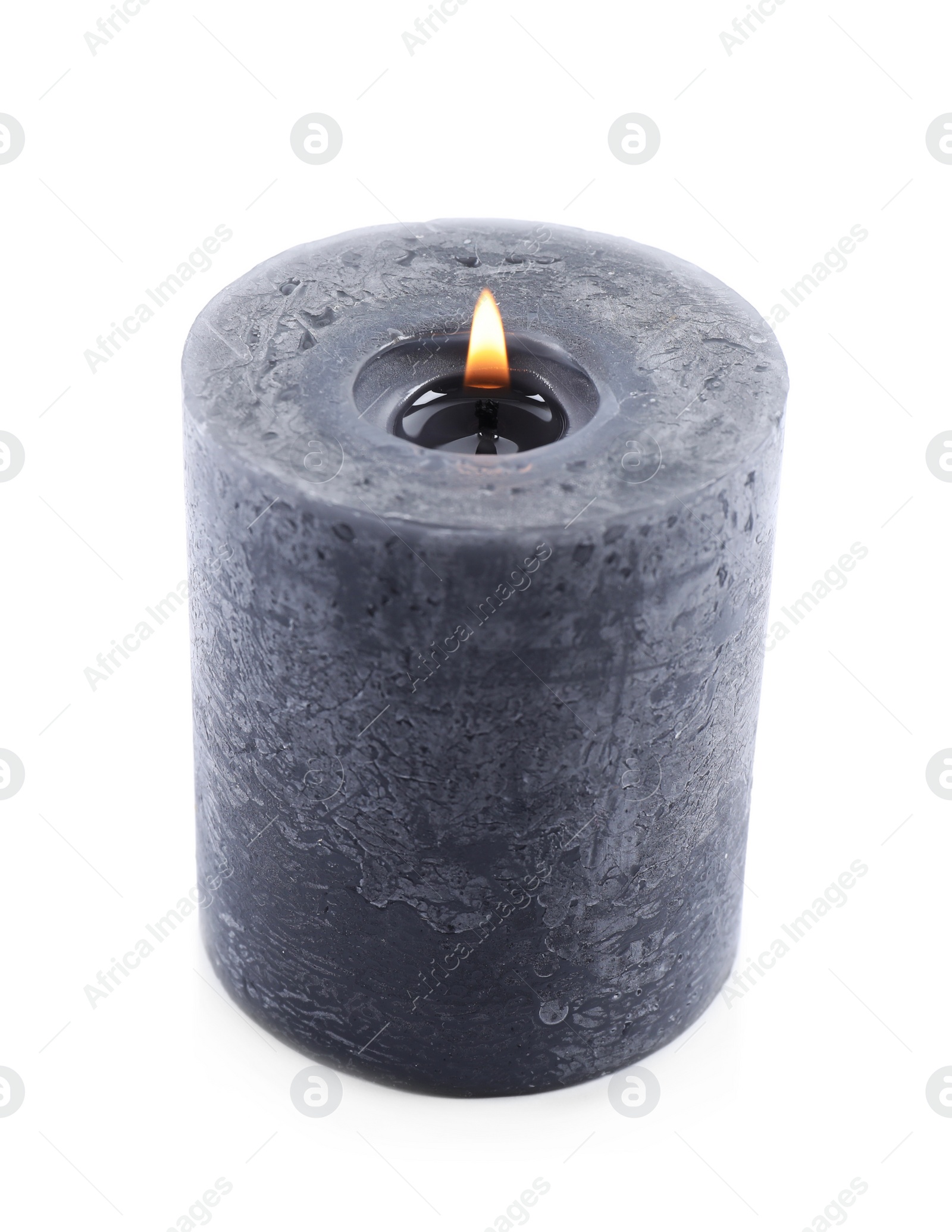 Photo of Burning black wax candle isolated on white