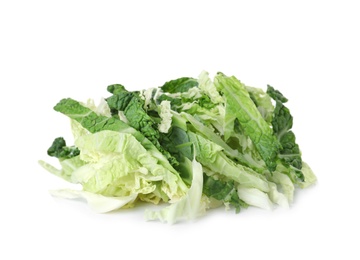 Photo of Pile of chopped fresh savoy cabbage on white background